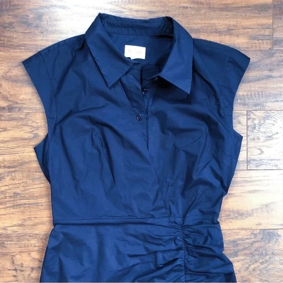MILLY • Maxwell Ruched Poplin Shirtdress navy cap sleeve sheath dress fitted